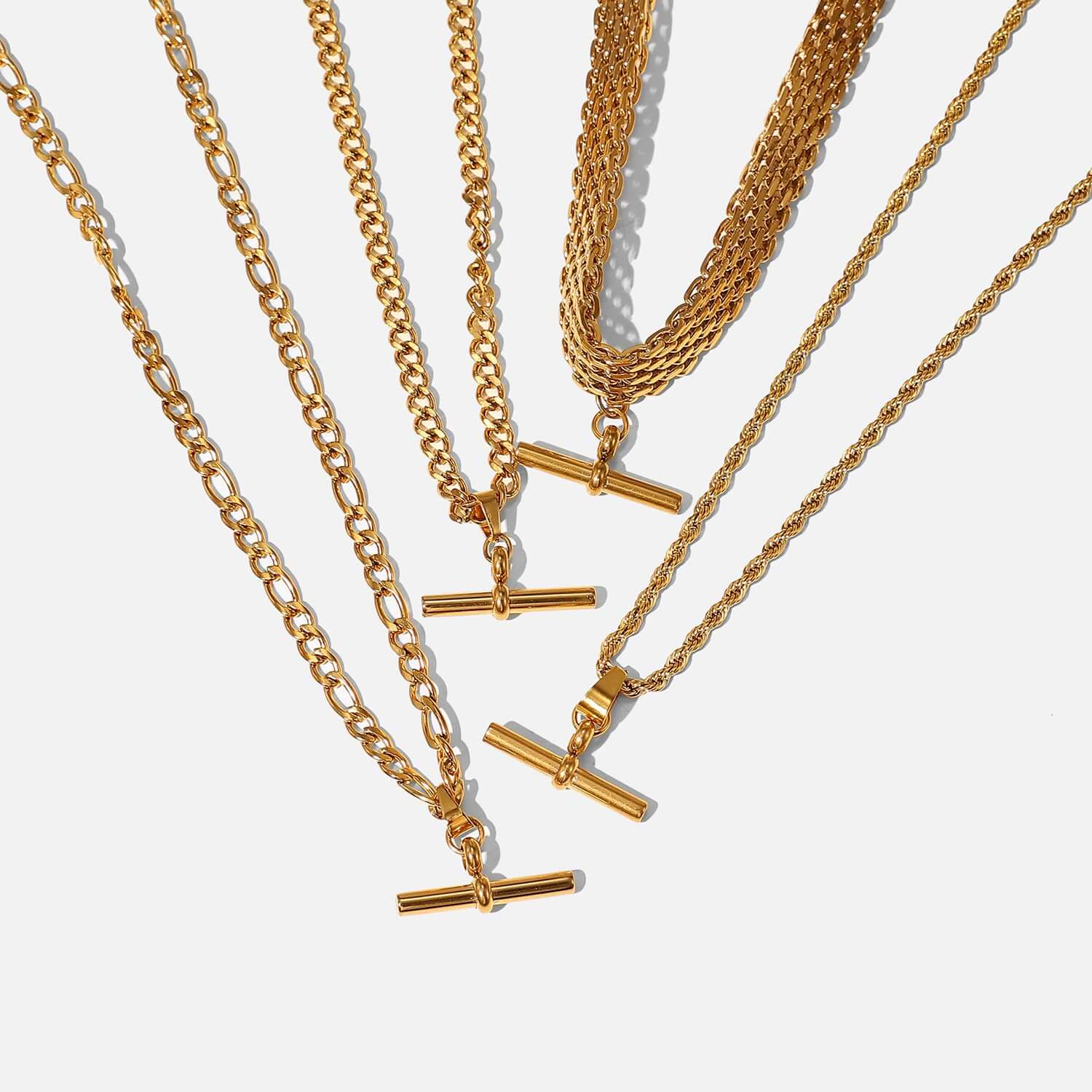 18K Gold Plated Figaro & Rope Chain T Bar Pendant Necklace for Women - Elegant Layering Jewelry Gift for Birthday, Anniversary & Valentine's Day | JDN735
