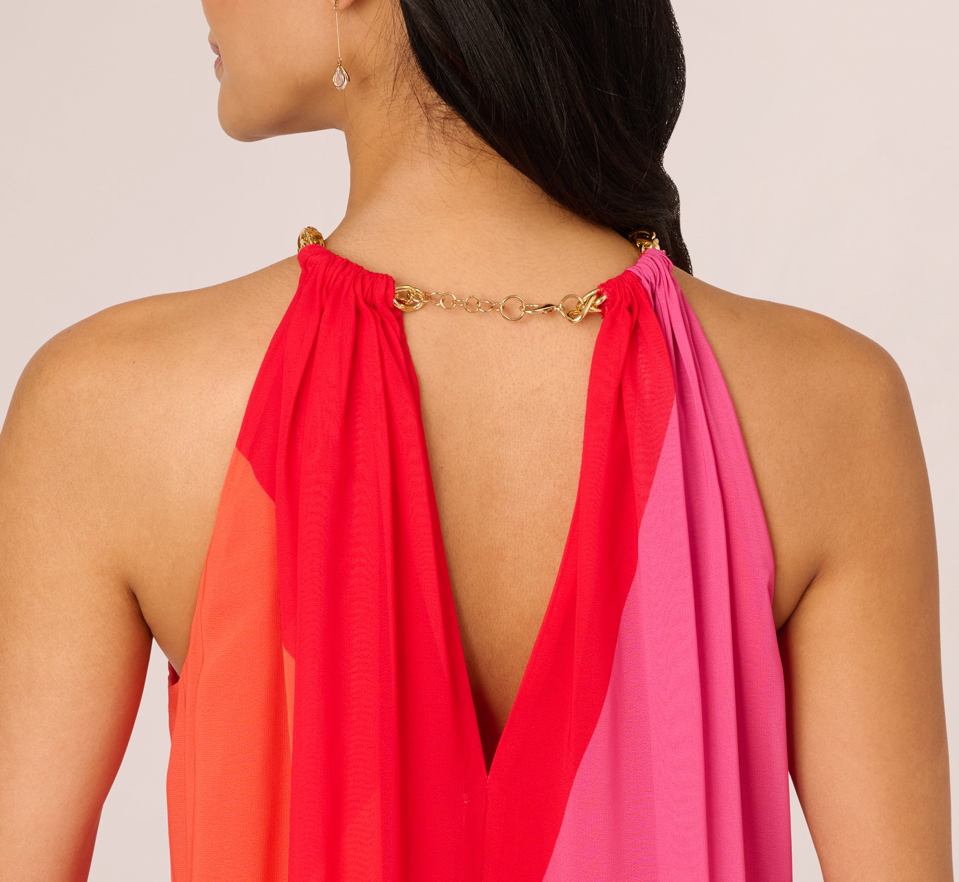 Red Multi Color Block Chiffon Trapeze Dress with Chain Halter Neckline - Perfect for Summer Parties, Beach Vacations & Date Nights