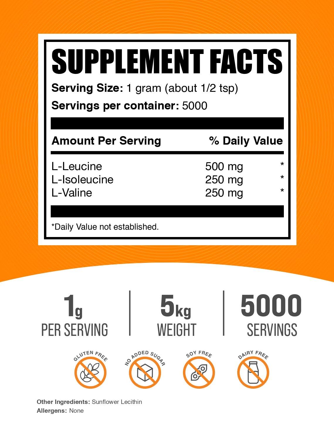 BulkSupplements.com BCAA 2:1:1 Powder - Branched Chain Amino Acids Supplement for Muscle Recovery & Growth - Unflavored, Gluten Free, 1g per Serving, 1kg (Pack of 5) - Ideal for Post-Workout, Fitness & Bodybuilding