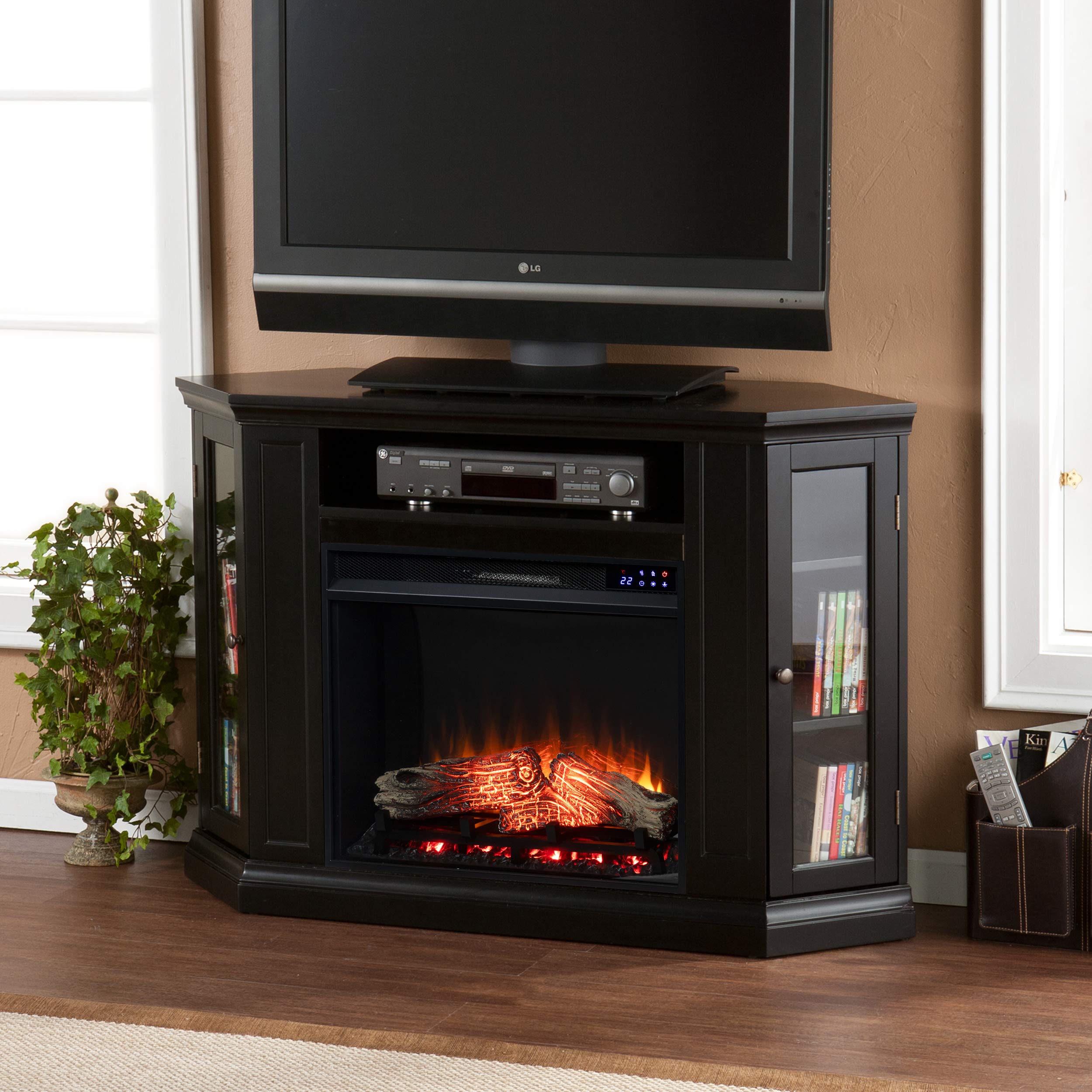 SEI Furniture Claremont Corner Convertible Electric Fireplace with Storage - Black | Modern Space-Saving Design for Living Room, Bedroom & Office