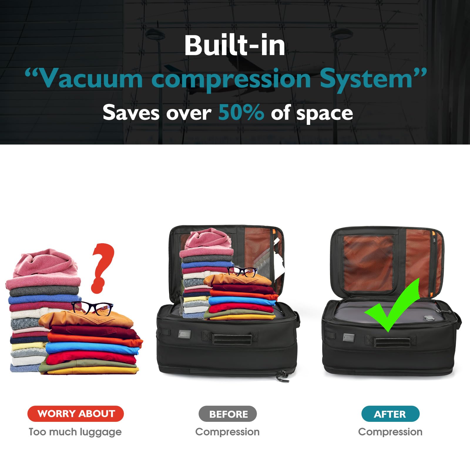 Vacuum Compression Backpack with Pump - 45L Expandable Travel Backpack for Men & Women | Water Resistant 17.3