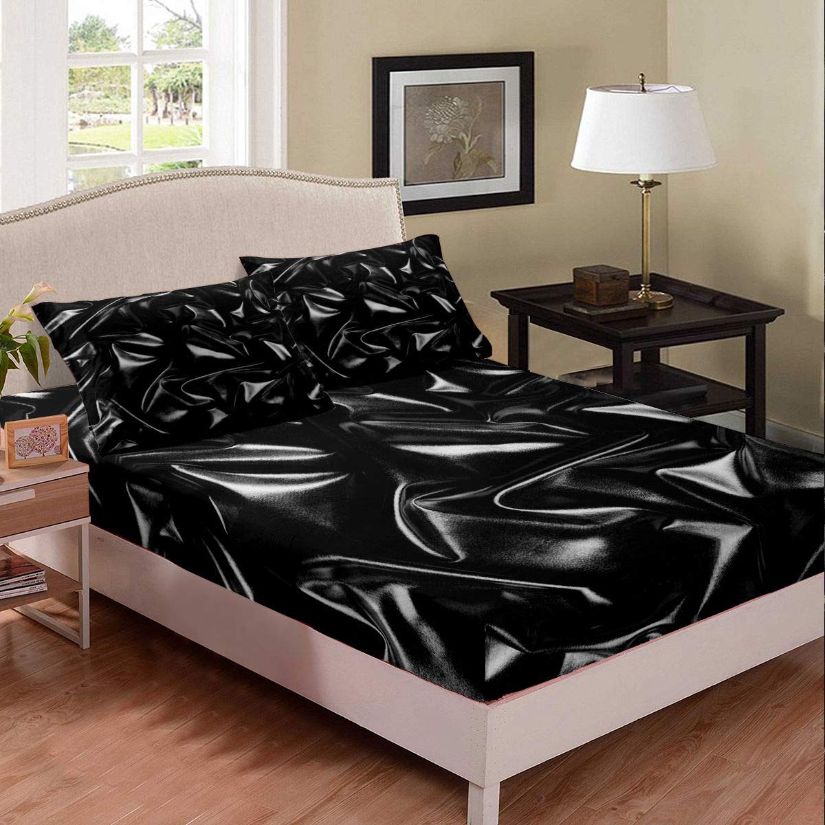 Premium Queen Size 3D Leather Duvet Cover Set - Pure Black Fitted Sheet with Deep Pocket & 2 Pillowcases (3pc) | Luxury Bedding for Modern Bedroom Decor | Perfect for Master Bedroom, Guest Room & Hotel Style Makeover