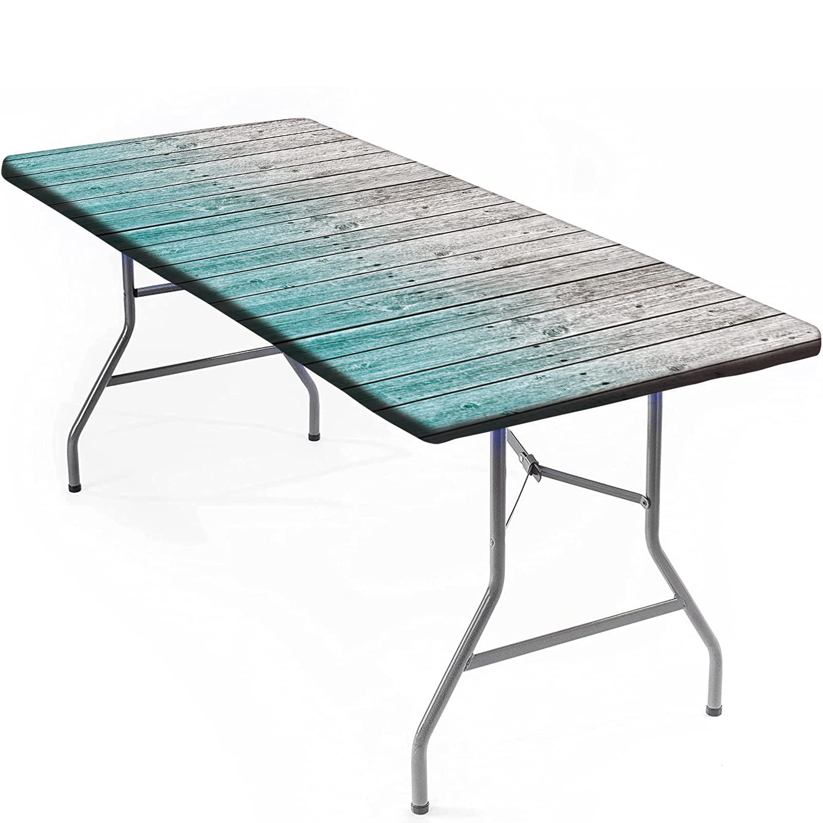 Washable Wood Grain Rectangle Fitted Tablecloth - 96x30 Inch Elastic Picnic Table Cover with Old Painted Wooden Texture - Indoor & Outdoor Dining, Parties, BBQs (Blue)