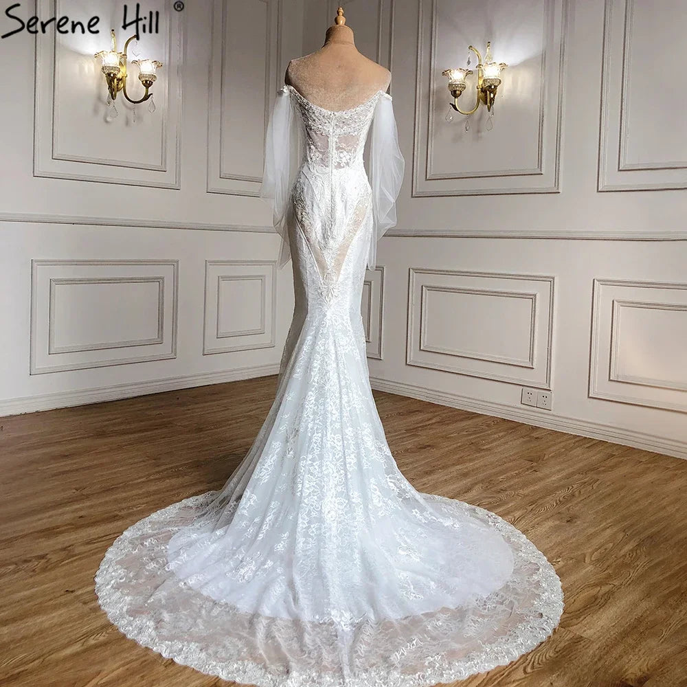Elegant Off Shoulder Lantern Sleeves Wedding Dress with Crystal Lace - Custom Made Mermaid Bridal Gown for Dubai Weddings & Formal Events | Serene Hill HA2402