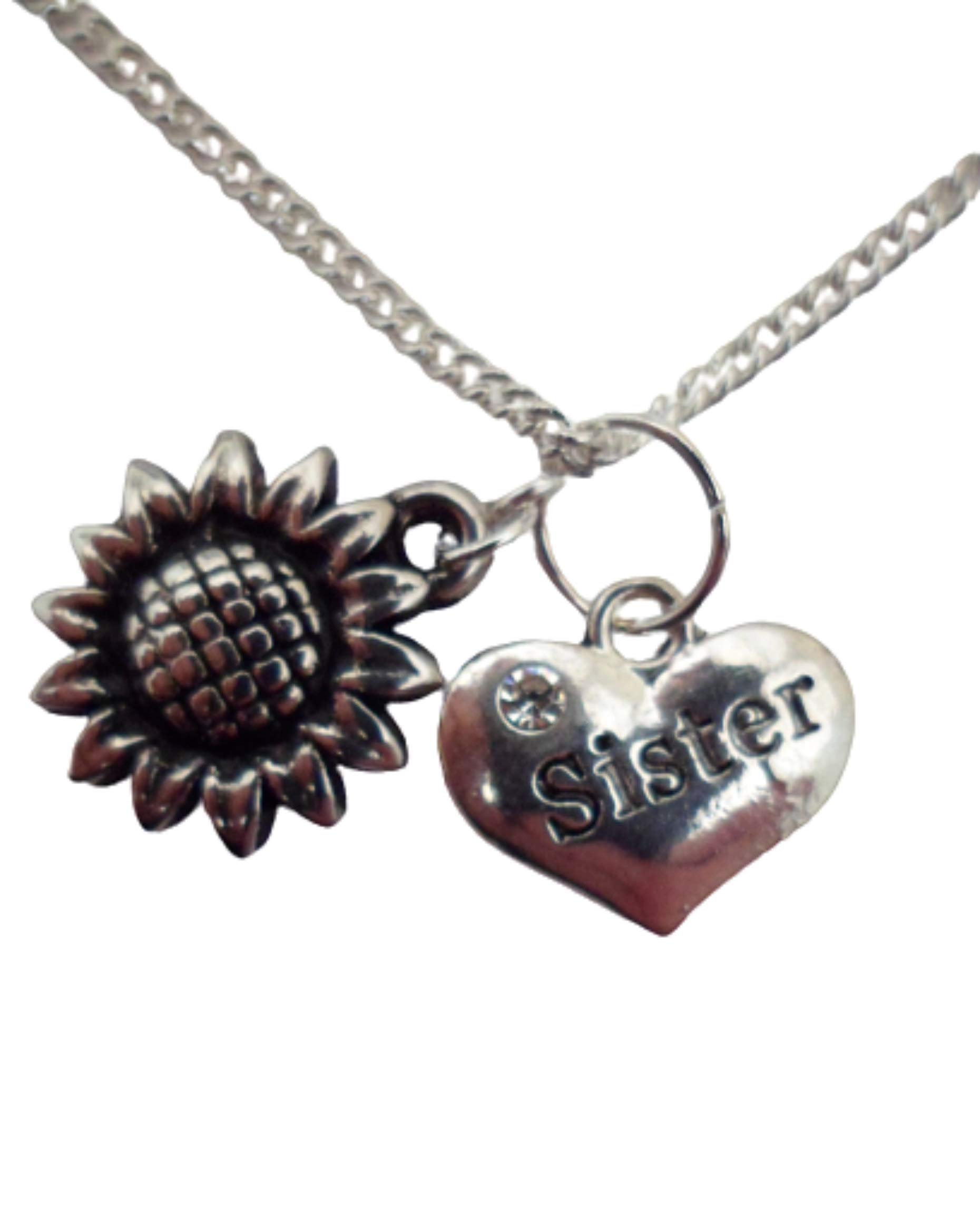 Sterling Silver Plated Heart & Sunflower Charm Necklace - Sister Love Gift for Women, Best for Birthday, Anniversary & Valentine's Day