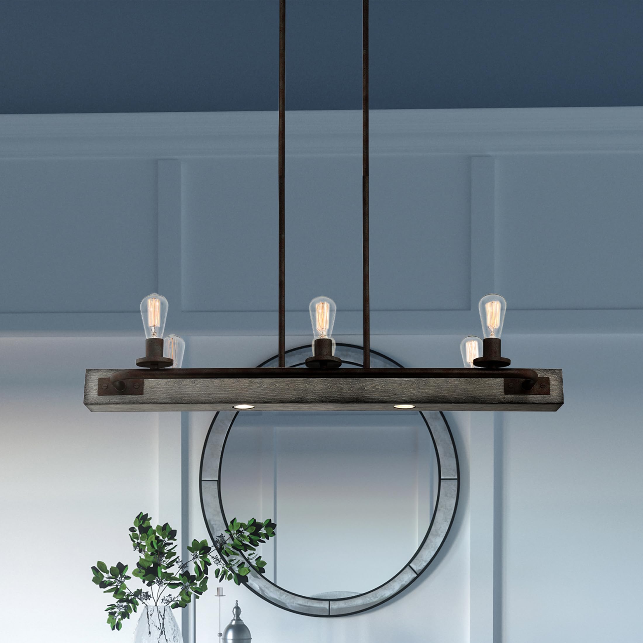 Quoizel Melville 6-Light Iron Gate Linear Chandelier - Modern Farmhouse Ceiling Light Fixture for Dining Room, Kitchen Island & Entryway