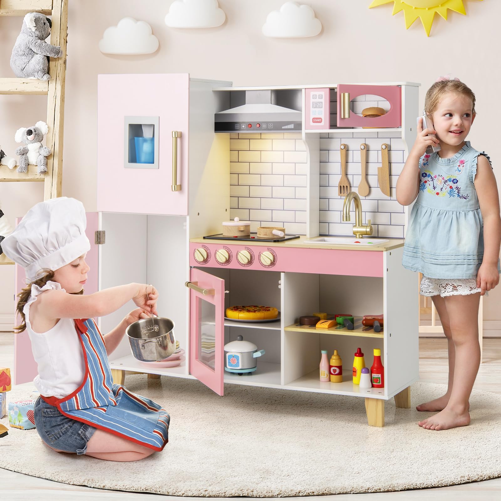 Costzon Wooden Kids Kitchen Playset with BBQ Grill, Ice Maker, Range Hood & Cooking Accessories - Interactive Pretend Play Toy Kitchen with Lights & Sounds, Blackboard - Perfect Gift for Toddlers Ages 3+ (Ideal for Birthday, Christmas & Role-Playing Fun)