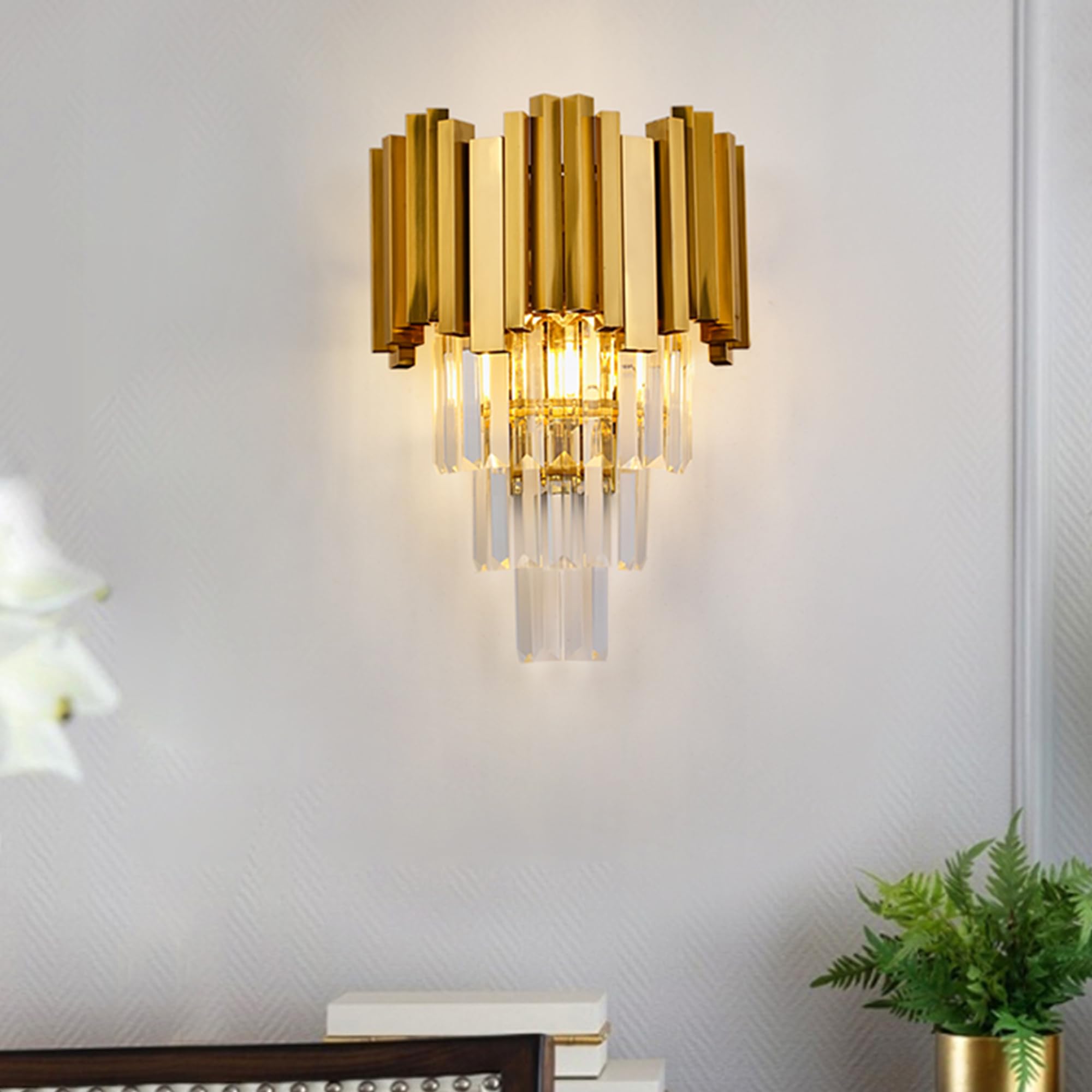 WABON Crystal Wall Lamp - Modern Gold Wall Sconce Lighting Fixture for Living Room, Bedroom, Hallway | Antique Gold Finish | Perfect for Ambient Lighting & Home Decor
