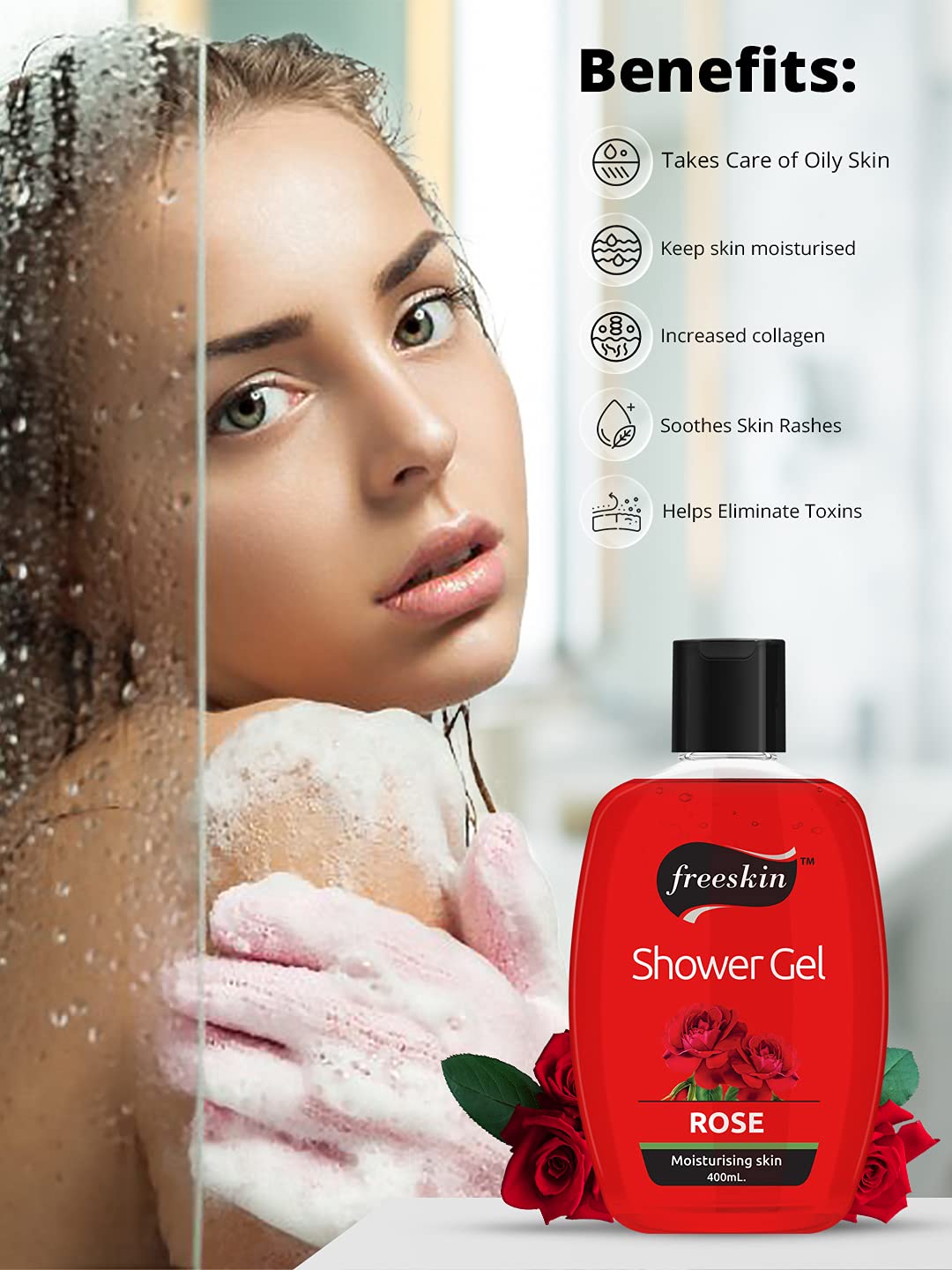 Freeskin Rose Body Wash Shower Gel - 400ml Paraben Free, Sulfate Free & Mineral Oil Free - Hydrating & Gentle for All Skin Types - Unisex Shower Gel for Daily Use, Gift Idea & Spa Days