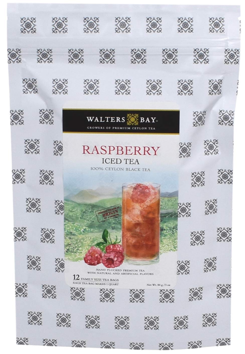Walters Bay Raspberry Iced Tea - 12 Count Quart-Sized Tea Bags | Ceylon Black Tea Unsweetened | 100% Hand Plucked | Tart Raspberry Flavor | Premium Sri Lankan Tea | Perfect for Summer Refreshment, Afternoon Tea & Healthy Beverage Choices