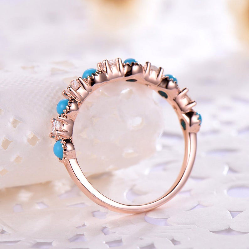 14K & 18K Gold Turquoise Diamond Wedding Band - Round Cut Engagement Ring for Women in White/Rose/Yellow Gold | Bridal, Anniversary & Promise Gift for Her | Perfect for Proposals, Weddings & Special Occasions