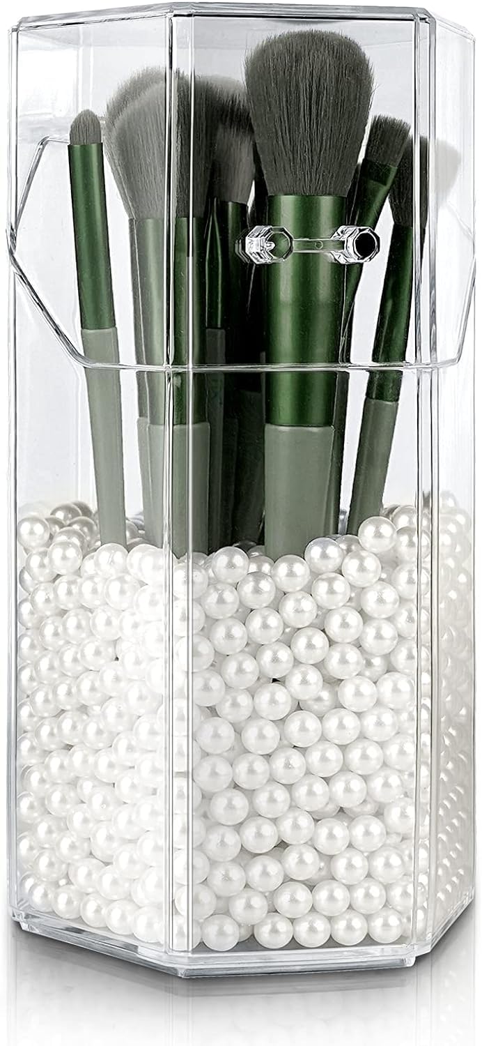 Hexagon Acrylic Makeup Brush Holder with Lid - Dustproof Cosmetic Organizer & Storage Case with White Pearl - Perfect for Bathroom, Dresser, Vanity and Countertop (Clear) - Ideal for Travel, Home Decor & Beauty Storage Organization