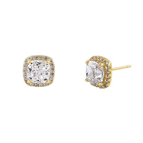 14K Solid Yellow Gold 8.25mm Cushion Halo CZ Stud Earrings for Women - Luxury Cubic Zirconia Jewelry Gift for Birthday, Anniversary & Special Occasions