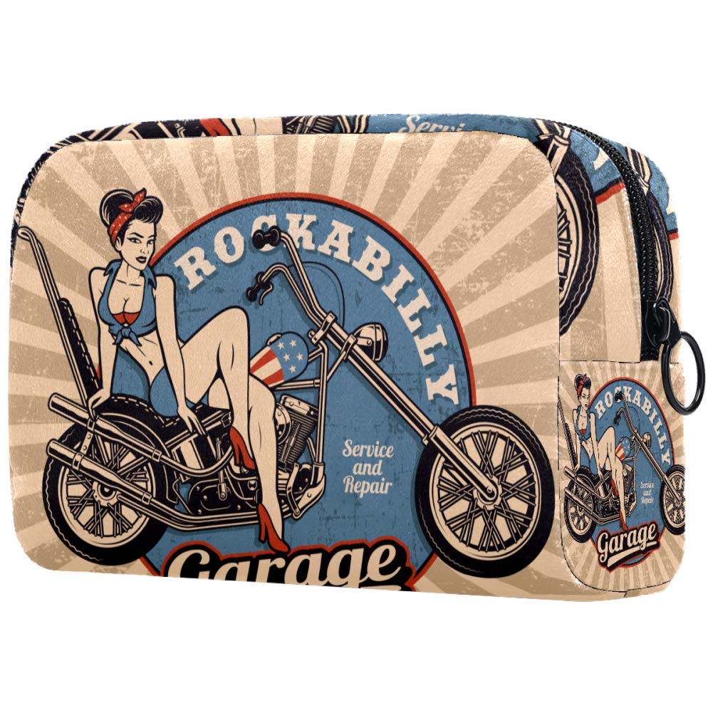 Pin Up Girl Motorcycle Monochrome Makeup Bag - Waterproof Cosmetic & Toiletry Travel Organizer for Women | Portable Storage for Makeup Tools, Brushes, Toiletries | Perfect for Travel, Gym, Beach & Daily Use
