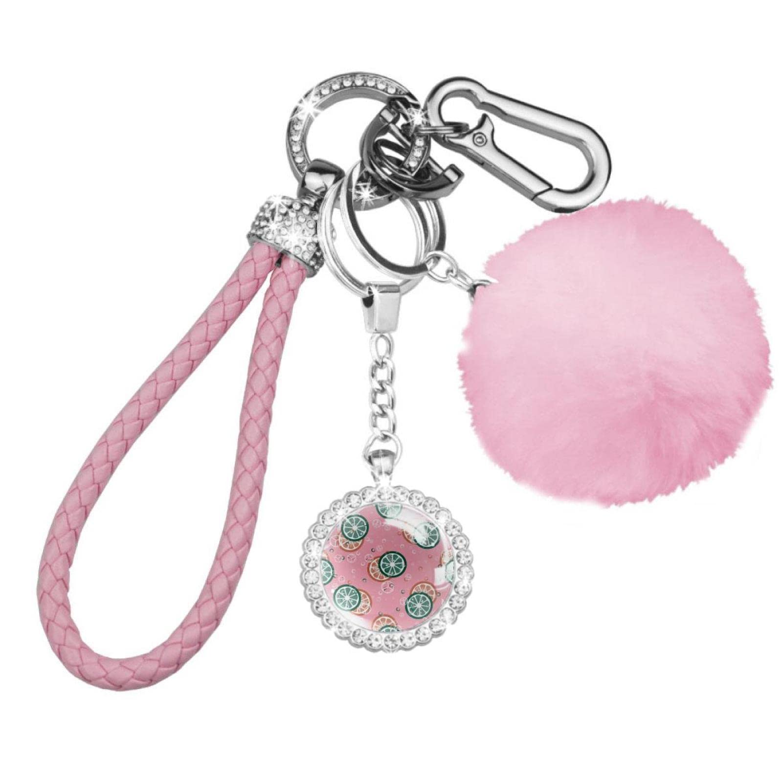 Lemon Green Orange Pink Summer Pom Poms Keychain - Soft Faux Fur Fluffy Ball Wristlet Key Ring for Women & Girls - Perfect for Backpacks, Purses, and Gift Giving