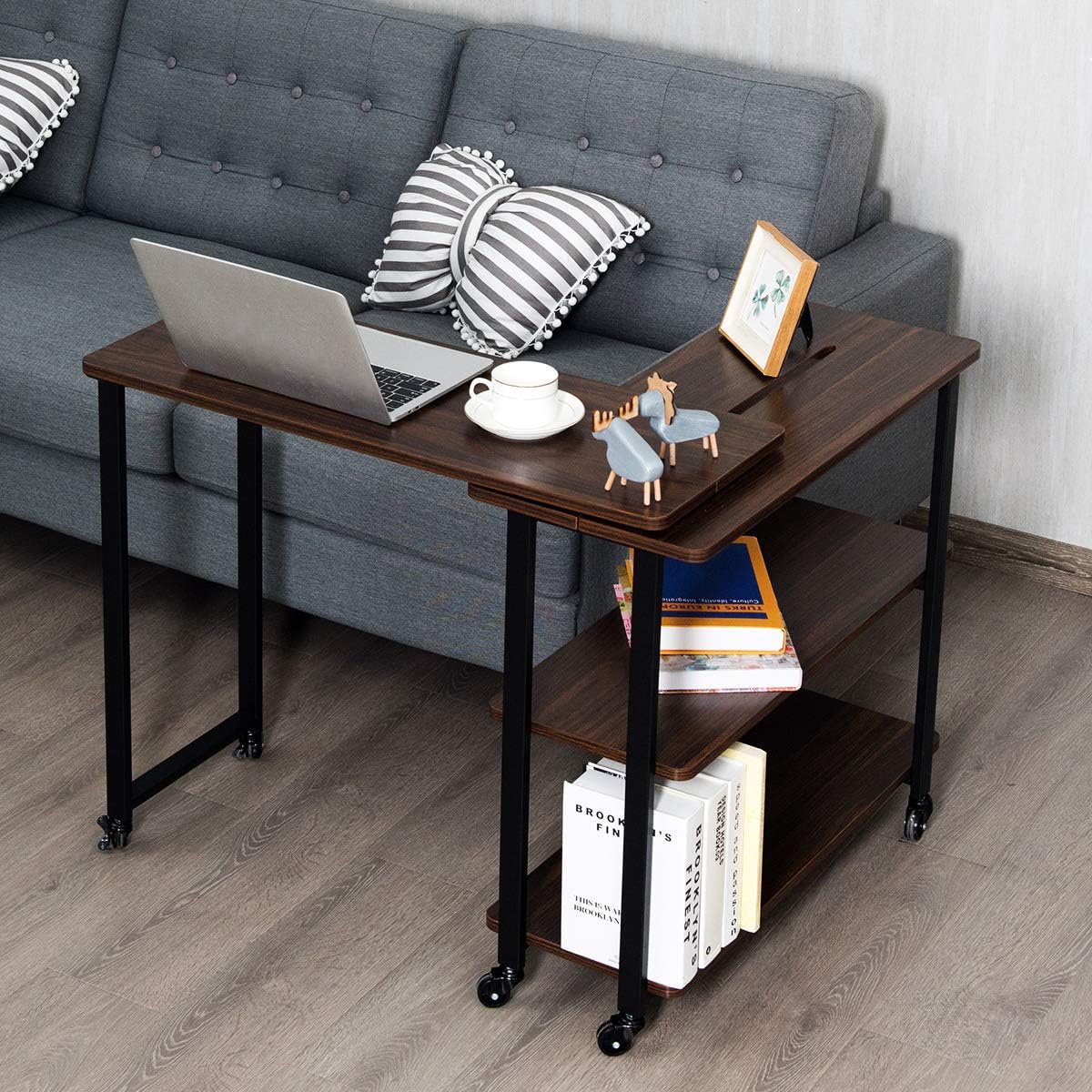 Tangkula 360° Rotating Sofa Side Table with 2-Tier Storage - Patented Mobile Couch Desk for Laptop, Snacks & Home Office - Sturdy Metal Frame Living Room & Bedroom Organizer