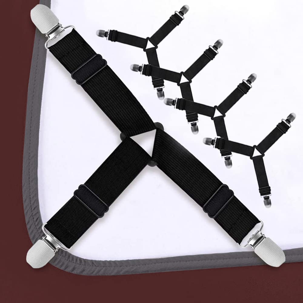 Struqta 4-Pack Adjustable Triangle Elastic Bed Sheet Holder Straps - Heavy Duty Gripper Clips for Mattress Covers, Sofa Cushions & Fitted Sheets (14cm, Black) - Keep Bedding Secure All Night for Better Sleep