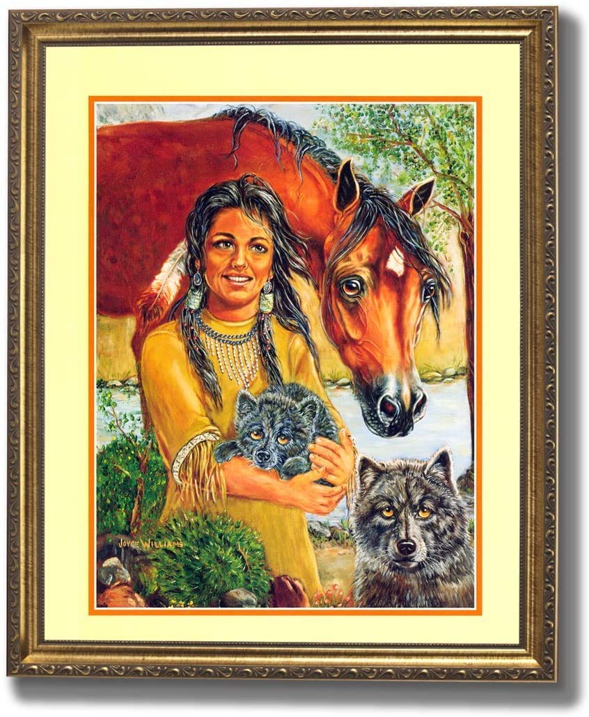Native American Indian Girl with Wolf and Horse Framed Art Print 8x10