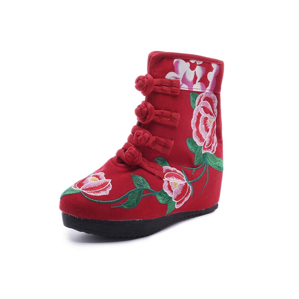 GIY Women's Embroidered Floral Wedge Ankle Boots - Retro Round Toe Buckle Booties with Mid Heel for Casual Outfits, Date Nights & Office Wear