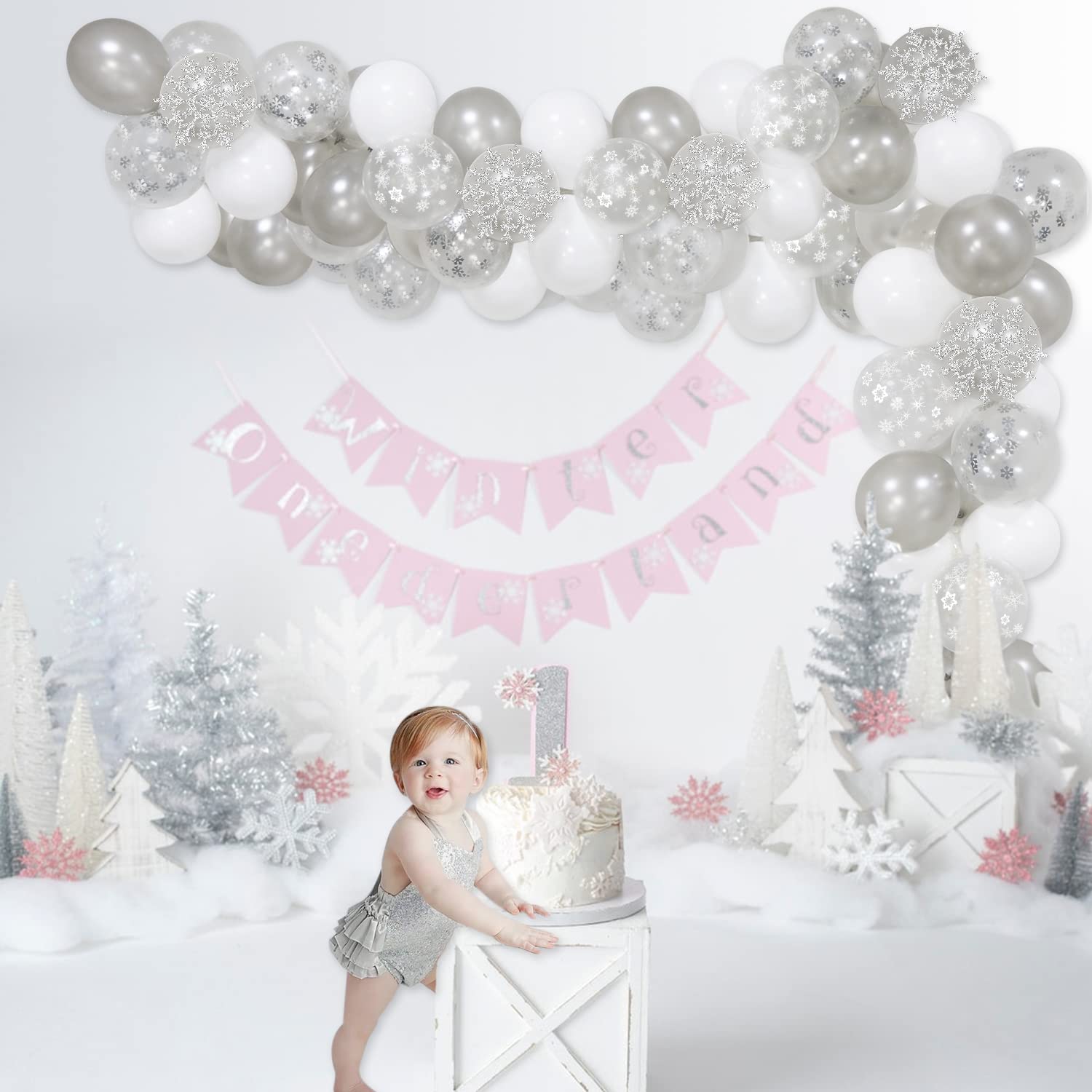 Silver Snowflake Balloons Garland Arch Kit with Confetti - Winter Wonderland Party Decor for Baby Shower, Birthday & Holiday Celebrations | Perfect for Indoor Winter Weddings, Christmas Decorations & New Year's Eve Parties
