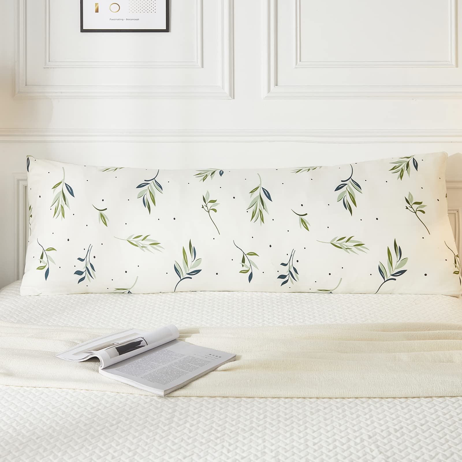 Green Botanical Leaves Body Pillow Cover 20x54 Inches with Pocket Closure - Boho Chic Pillow Case for Bedroom Decor, Couch & Dorm Room - Soft & Stylish Home Accessory