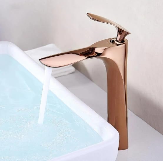Rose Gold Glossy Single Lever Basin Mixer Tap - Hot & Cold Water Tall Bathroom Faucet for Sink - Modern Brass Finish for Living Room & Bathroom Vanity - Perfect for Home Renovation & Luxury Interior Design