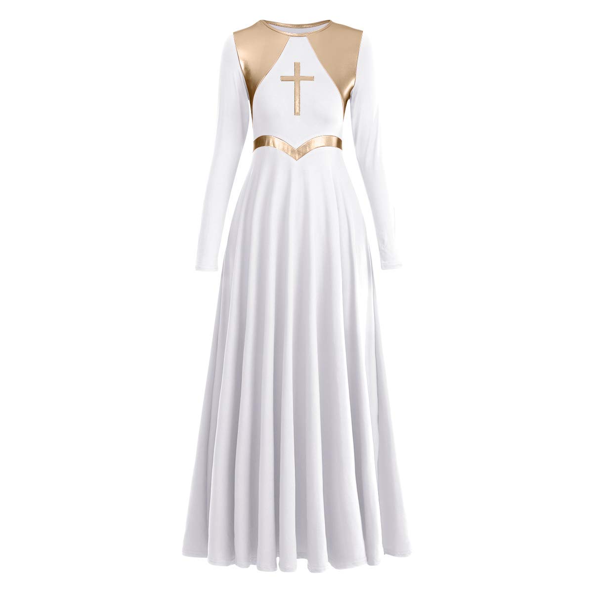 Metallic Cross Praise Dance Dresses for Women - Liturgical Worship Long Sleeve Flowy Dress - Perfect for Church Performances, Gospel Choir & Spiritual Dance Events