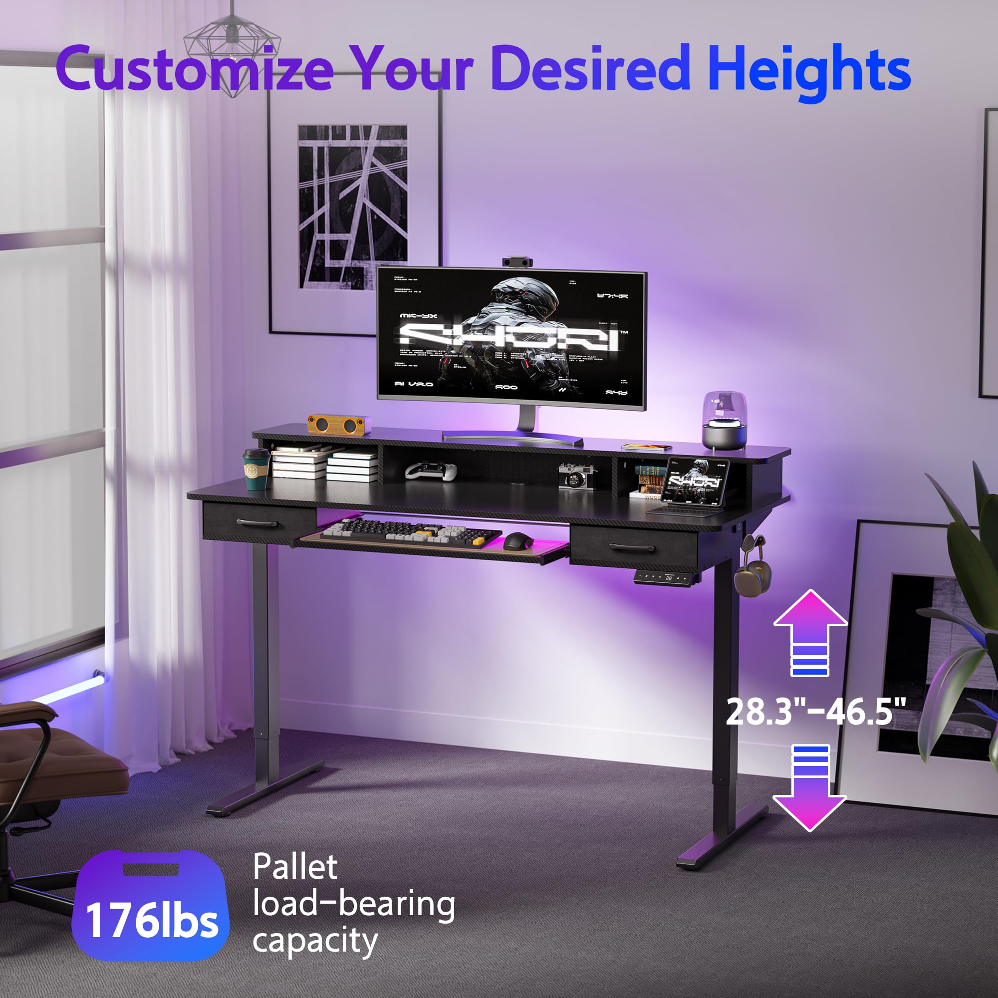 55x24 Inches Electric Height Adjustable Standing Desk with Keyboard Tray & 2 Storage Drawers - Ergonomic Sit to Stand Computer Workstation with Monitor Stand for Home Office, Gaming & Study (Black)