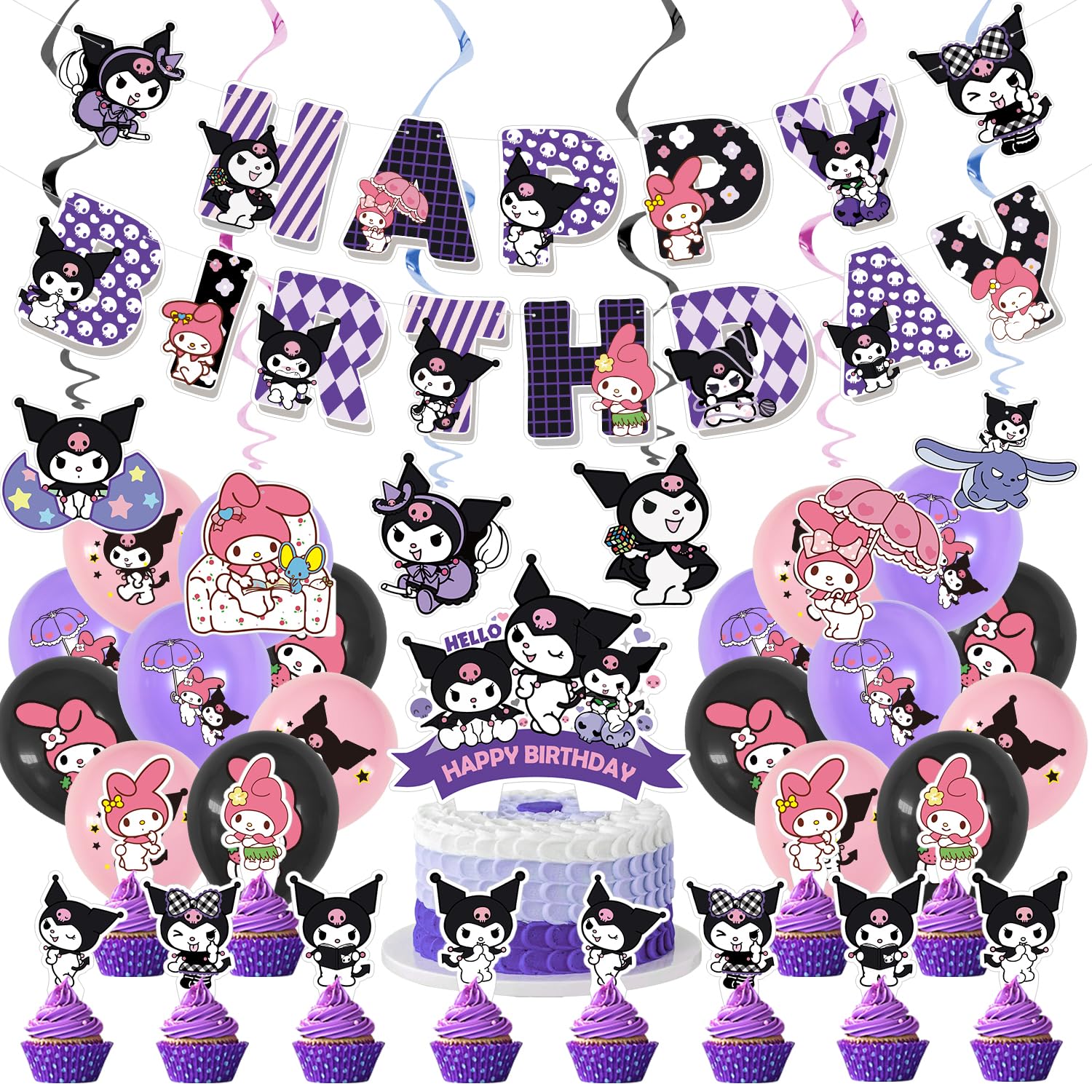 ONYYENY Kuromi Birthday Party Supplies Set - Happy Birthday Banners, Cake & Cupcake Decorations, Hanging Swirls, Balloons for Themed Parties | Perfect for Kids Birthday, Anime Theme Celebrations & Sanrio Character Events