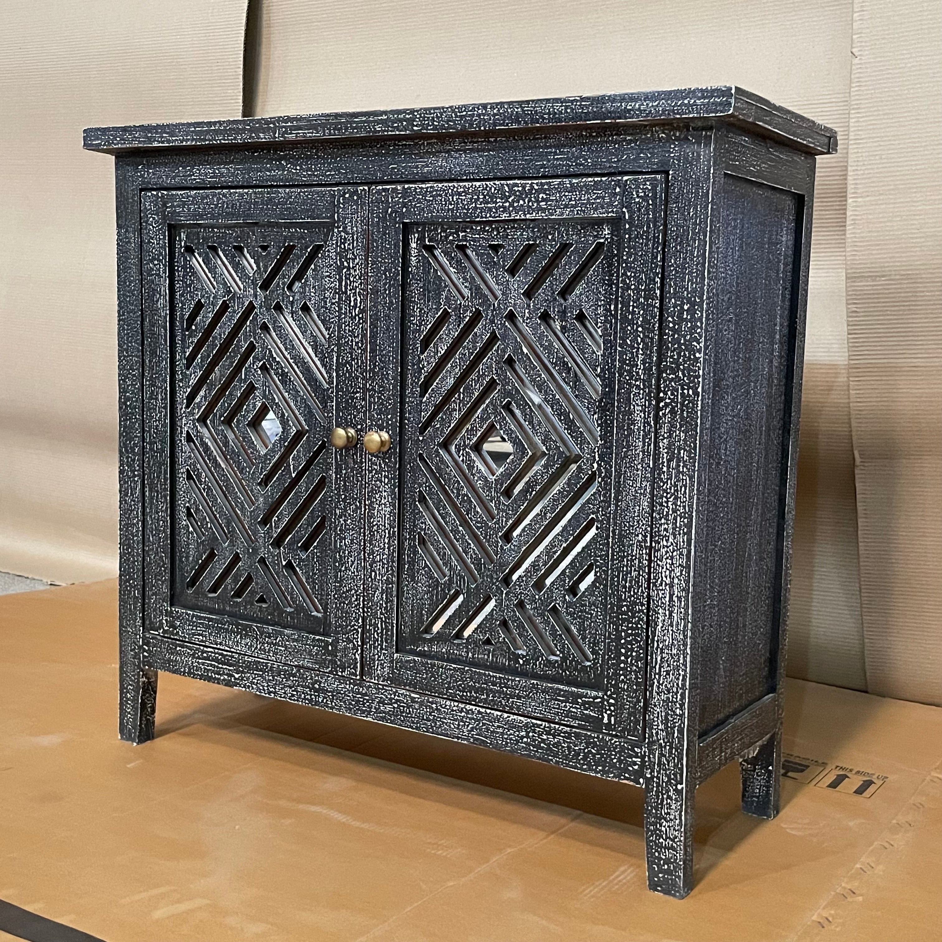 Handcrafted Indian Solid Hardwood Cabinet with 2 Mirror Doors - Black, 81x31x75cm - Elegant Storage for Bedroom, Living Room & Entryway