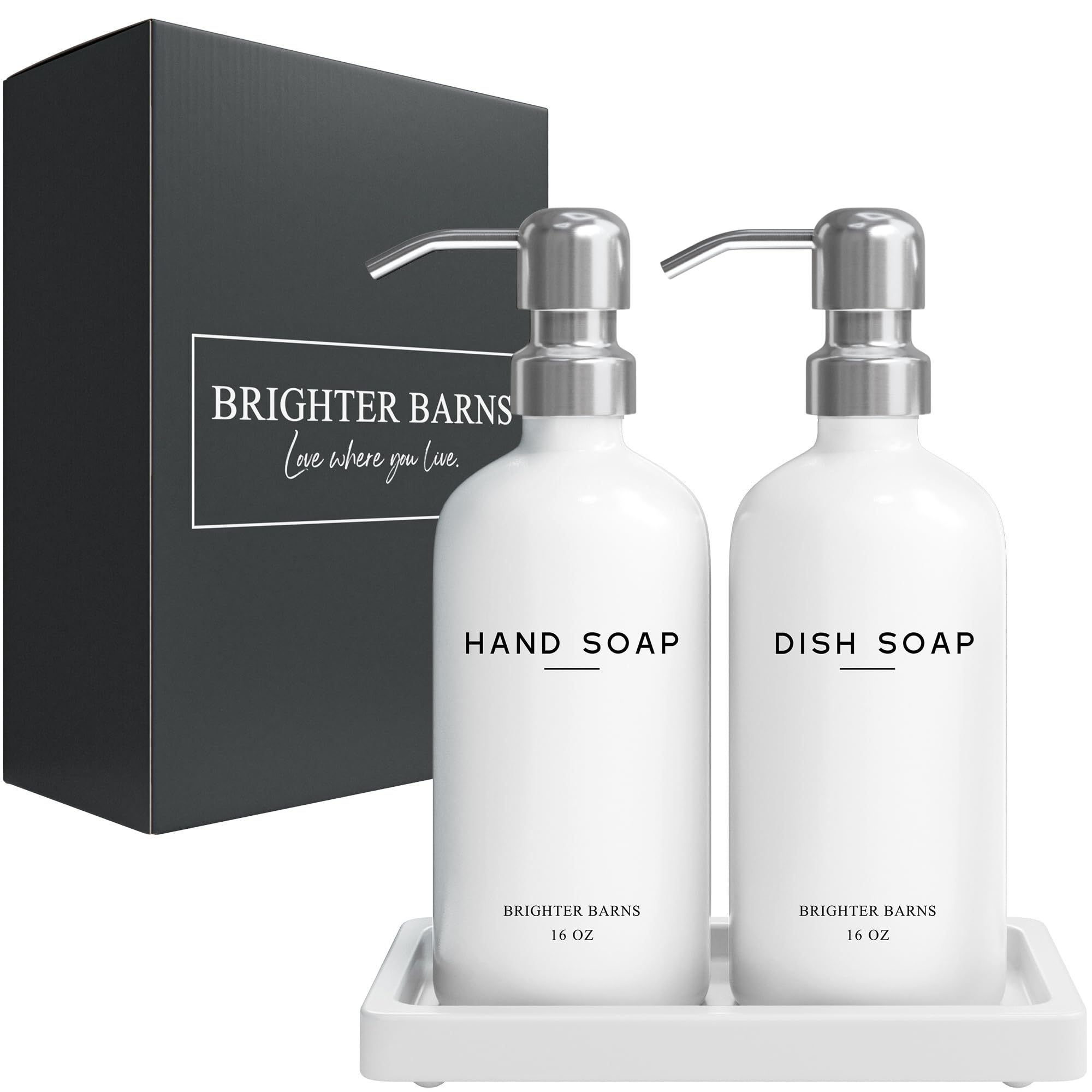 Brighter Barns White Glass Hand & Dish Soap Dispenser Set with Tray - Modern Kitchen Decor for Office, Hotel, Vacation Rental & Airbnb - Elegant Soap Pump for Bathroom, Kitchen Sink & Countertop Organization