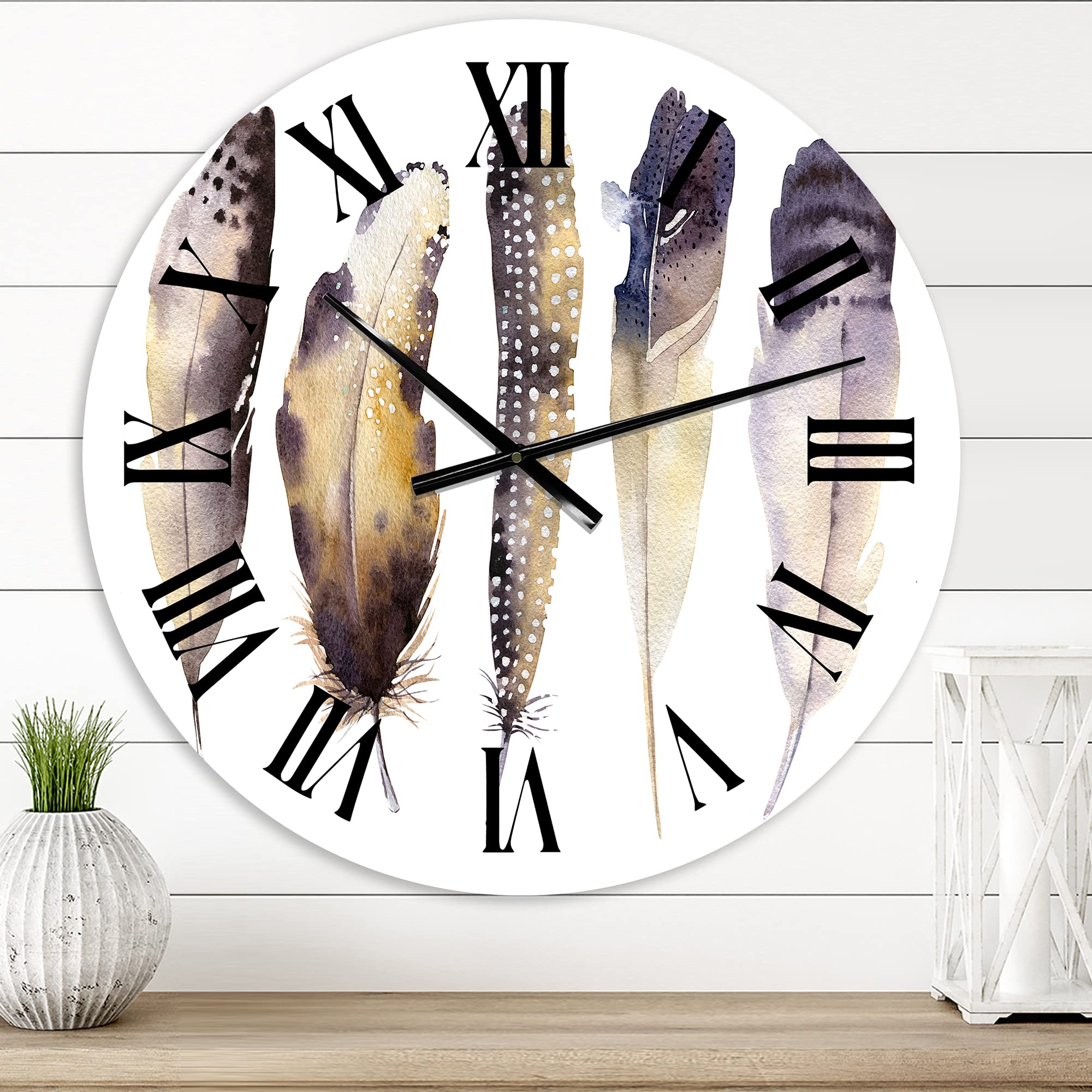 Boho Ethnic Dark Gray Feathers Wall Clock - Large Decorative Clock for Kitchen, Living Room & Bedroom | Unique Bohemian Home Decor with Animal Motifs