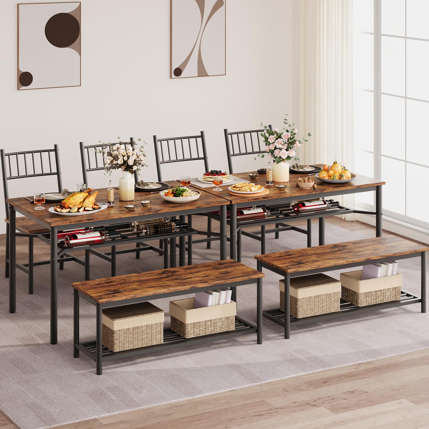 4-Piece Retro Brown Dining Table Set with Wine Rack & Storage Benches - Space-Saving Rectangular Kitchen Table for Small Apartments | Perfect for Family Meals, Entertaining Guests & Compact Living Spaces