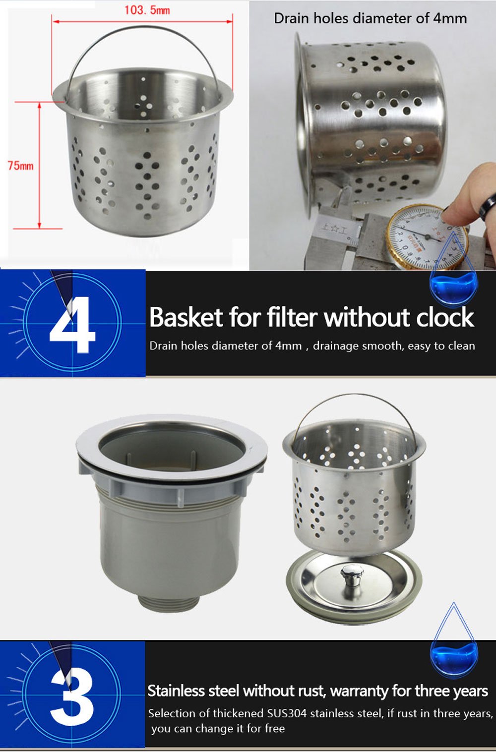 Stainless Steel Kitchen Sink Basket Strainer with Overflow - Durable Drain Filter for Food Waste - Perfect for Home Kitchen, Restaurant & Commercial Use