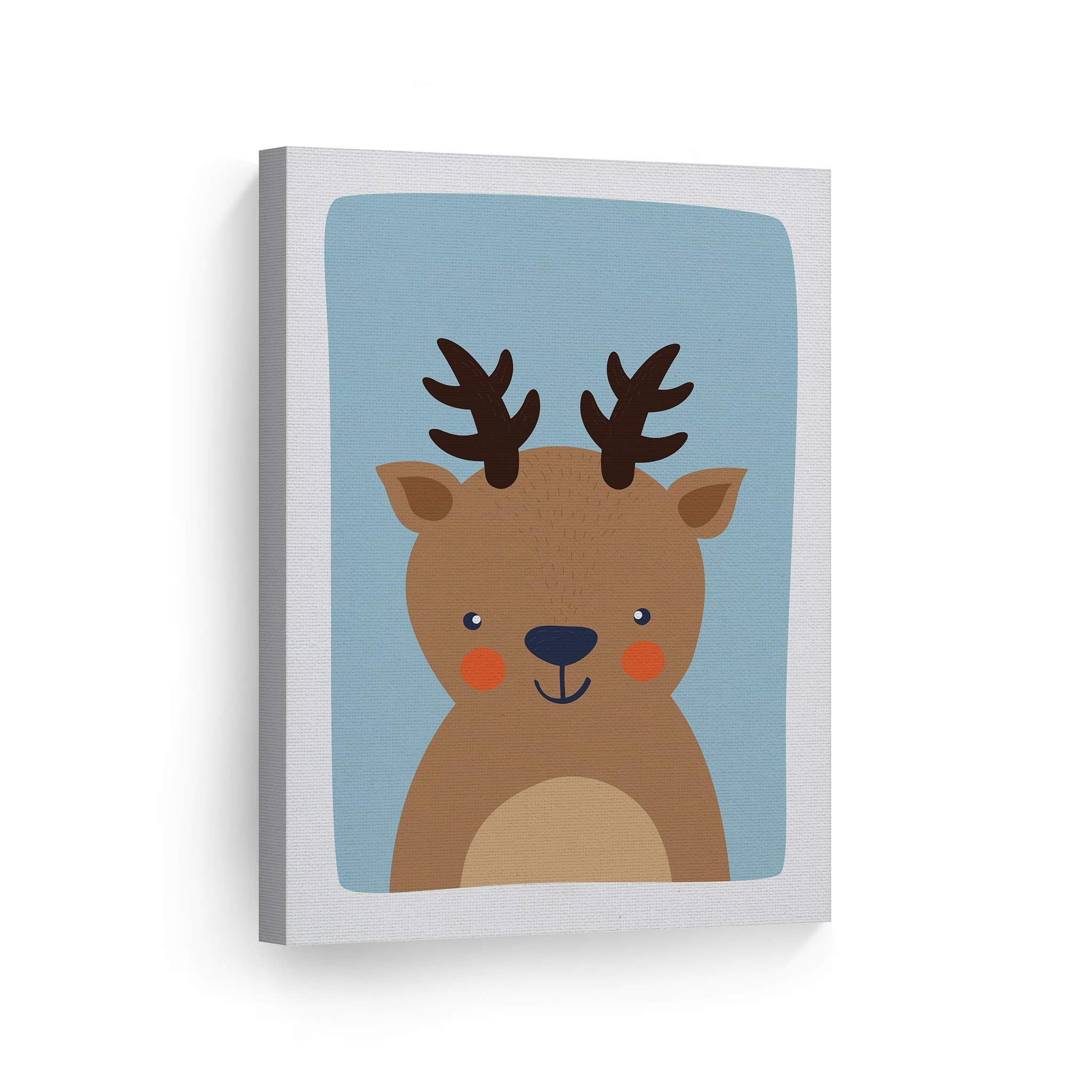 Cute Deer Blue Background Canvas Print - Smile Art Design Nursery Wall Art for Kids Room, Baby Room Decor, Ready to Hang 22x15 - Perfect for Nursery, Playroom & Children's Bedroom Decor - Made in USA