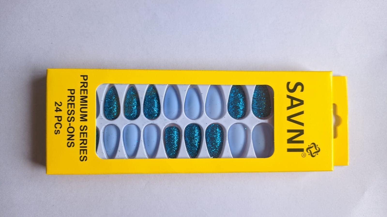 24Pcs Blue & Blue Glitter Press on Nails - Long Coffin Fake Nails with Glue - Perfect for Parties, Weddings & Special Occasions