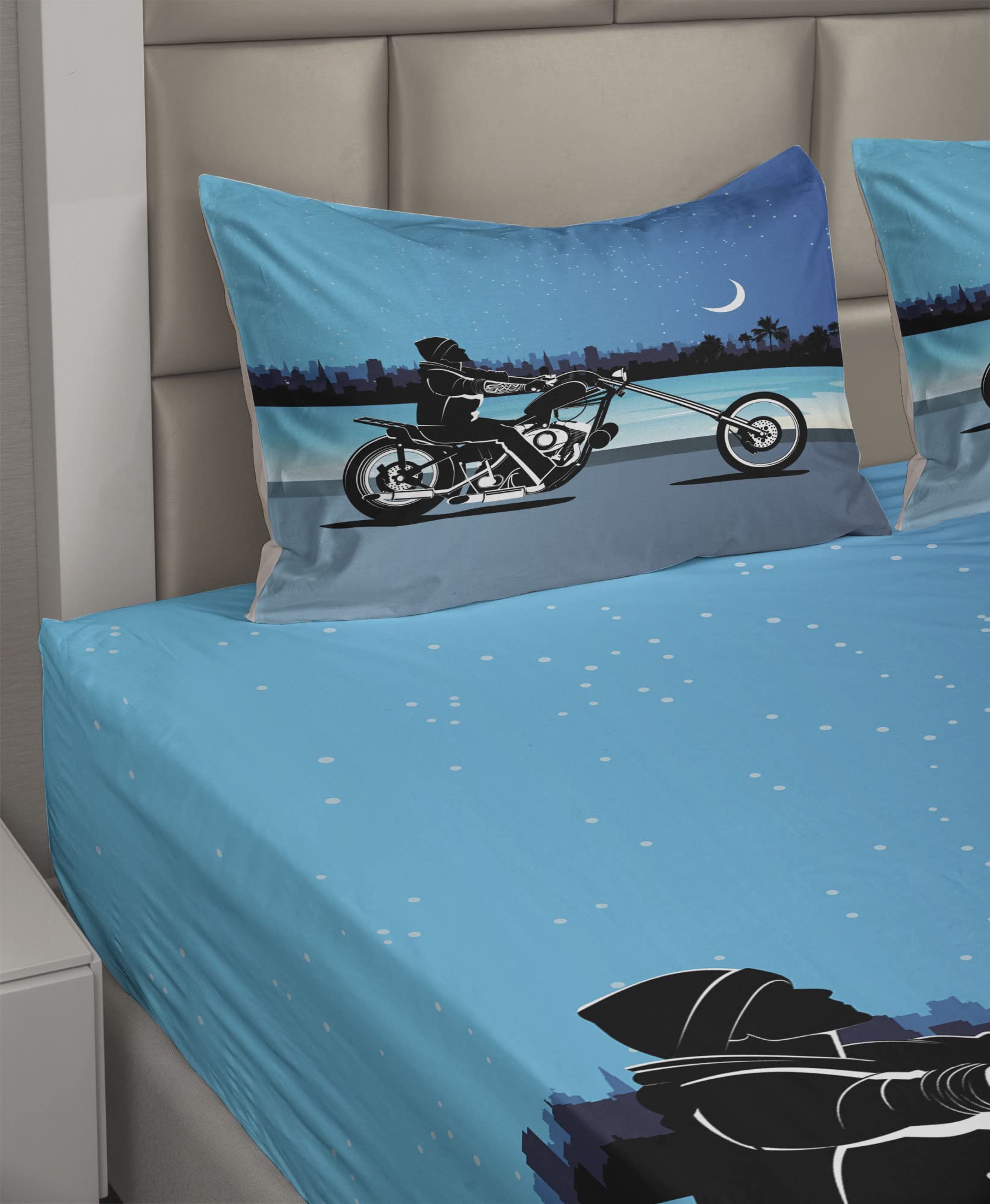 Ambesonne Motorcycle Bedding Set 4-Piece - Chopper Biker Riding Starry Night Sky Cityscape Silhouette Art - Queen Size Fitted & Flat Sheets with Pillowcases - Black Navy - Perfect for Biker Themed Bedrooms, Motorcycle Enthusiasts & Unique Home Decor