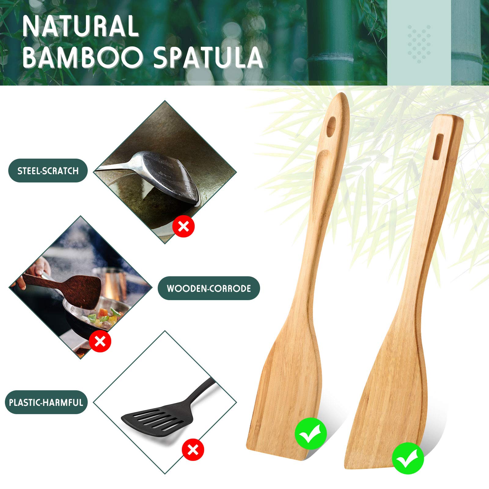 Patelai 3-Piece Bamboo Cooking Utensil Set - Heat-Resistant Spatula, Turner & Spoon for Nonstick Cookware | Eco-Friendly Kitchen Tools for Stir-Frying, Flipping & Serving | Perfect for Woks, Pans & Everyday Cooking