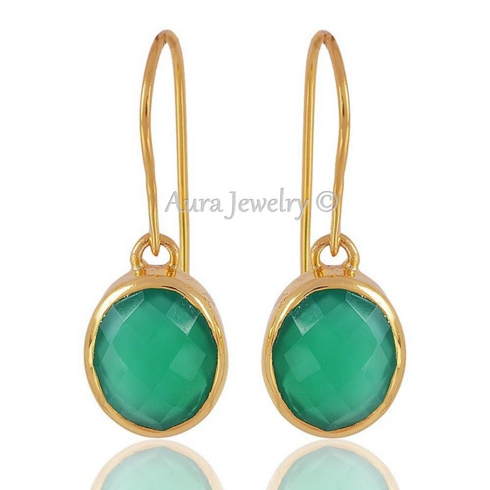 925 Sterling Silver Green Onyx Dangle Earrings for Women - 18K Yellow Gold Plated, Bezel Set Oval Gemstone, Hypoallergenic Minimalist Jewelry | Perfect Mothers Day Gift, Wedding Accessories & Everyday Elegant Wear