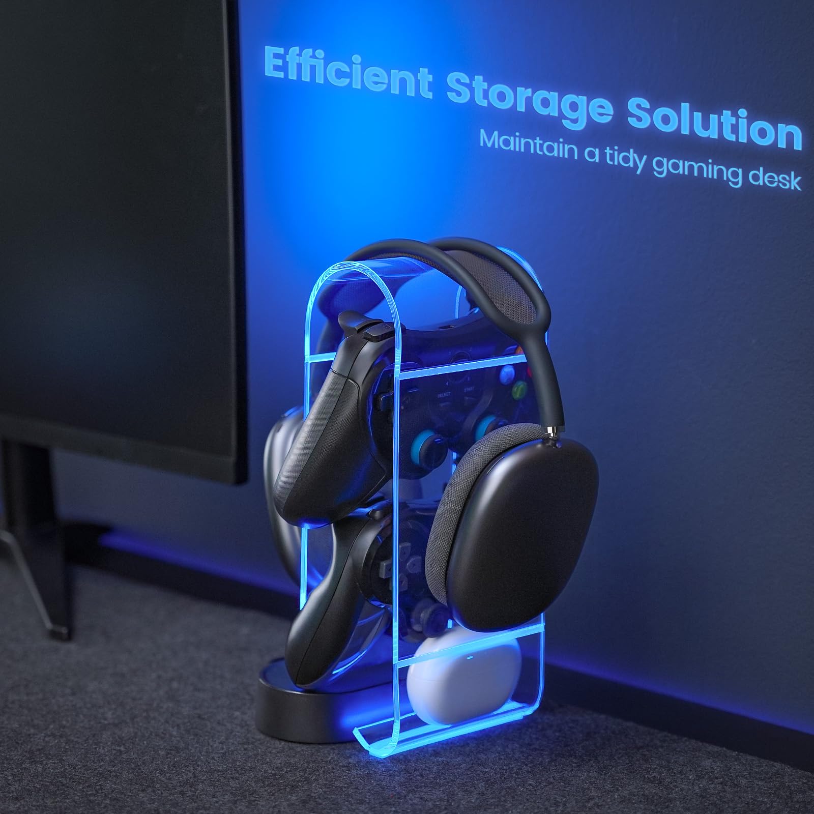 RGB Gaming Headphone Stand with USB Ports - Acrylic Headset Holder with 10 Light Effects, 1 USB-C & 2 USB-A Ports - PC Gaming Accessories for Gamers - Clear Desk Organizer for Gaming Setup, Streaming Station & Home Office