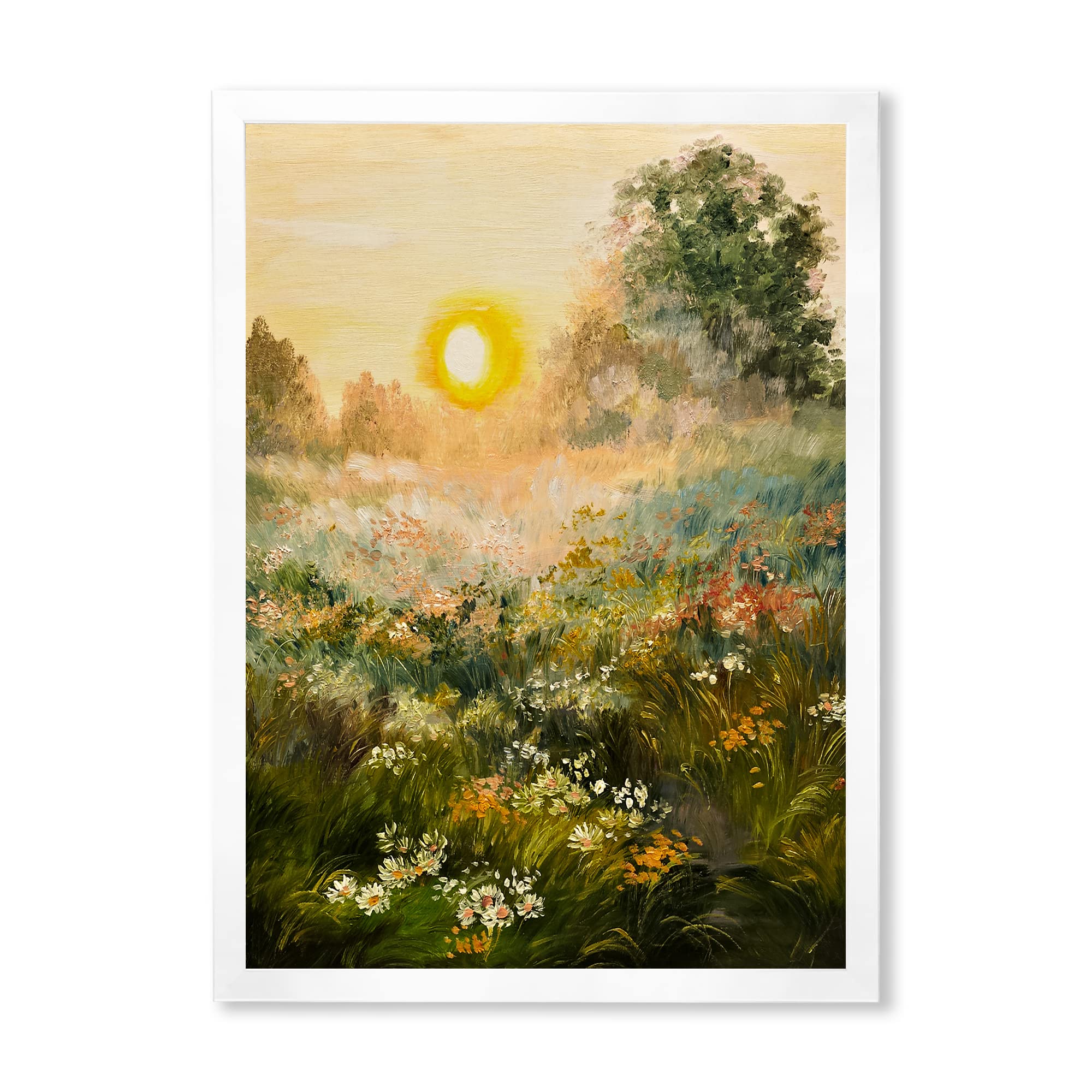DesignQ Sunrise In The Blossoming Field Farmhouse Framed Wall Art - Rustic Floral Landscape Painting for Living Room, Bedroom & Office Decor