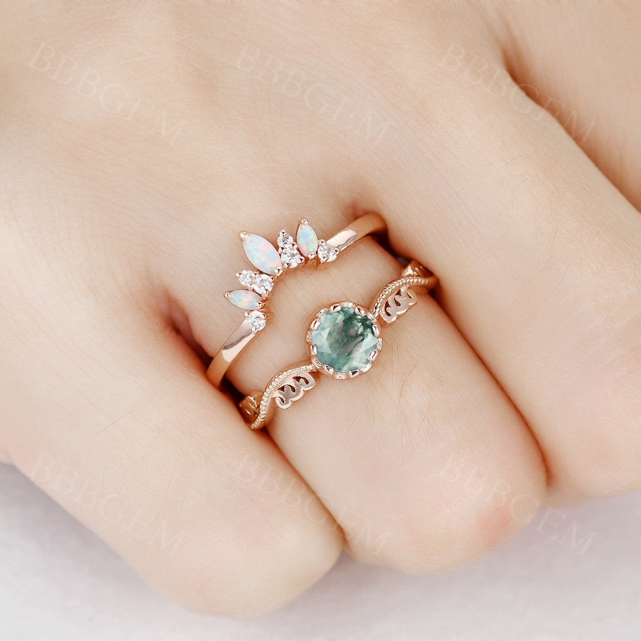 Natural Moss Agate Opal Diamond Engagement Ring Set - Vintage Art Deco Style Wedding Band for Bride - Perfect for Proposals, Anniversaries & Special Occasions