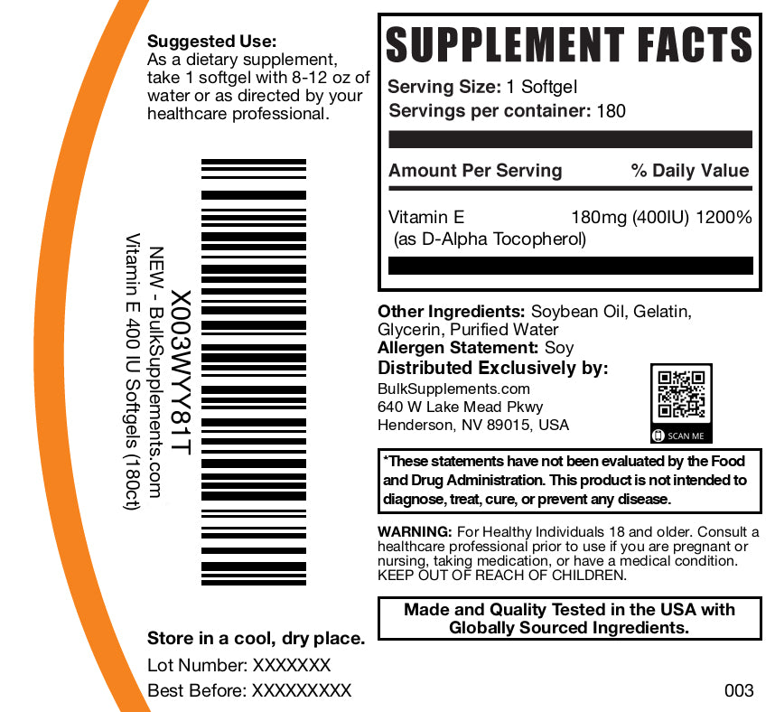 Vitamin E (400IU) Softgels for Skin & Immune Support - Antioxidant Supplement for Daily Health & Wellness