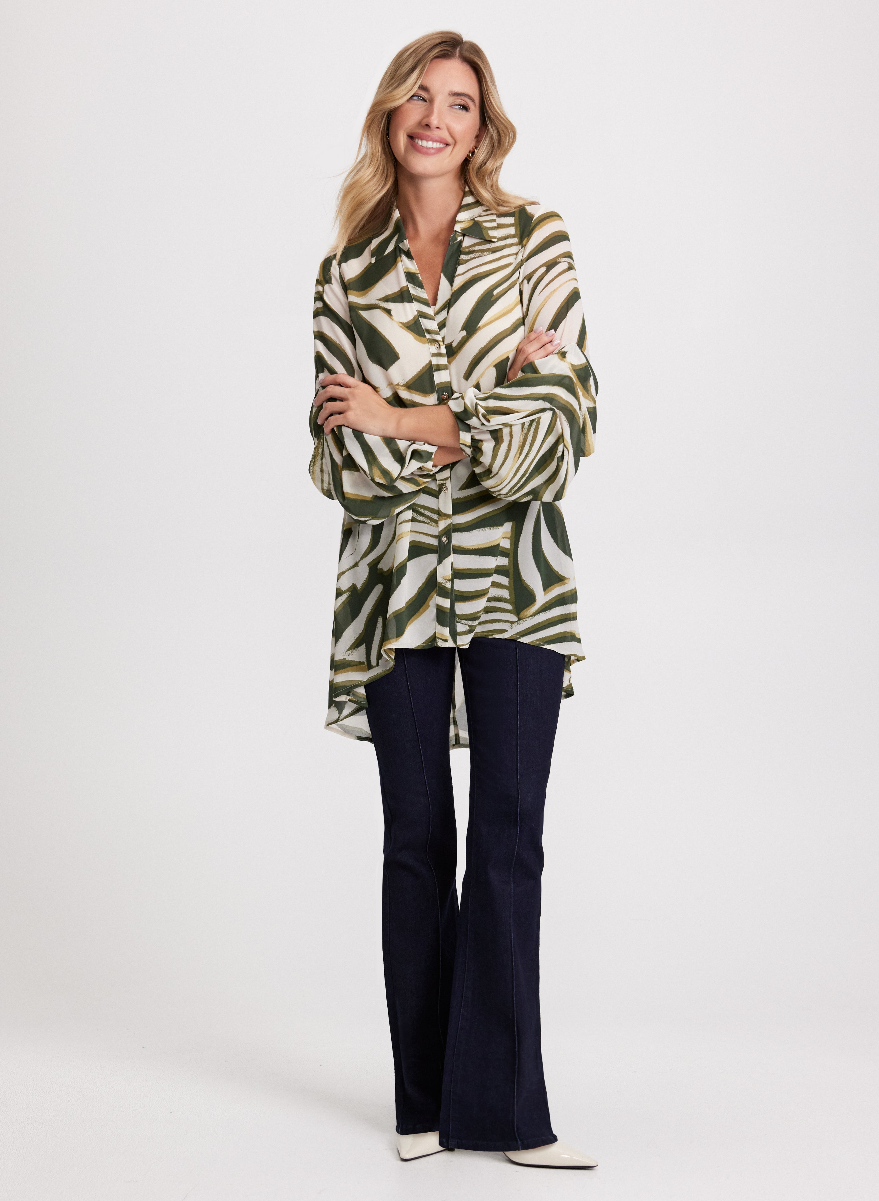 Stylish Animal Print Button Up Tunic Top & Pintuck Jeans Set for Women - Casual Chic Outfits for Work, Date Night and Weekend Wear