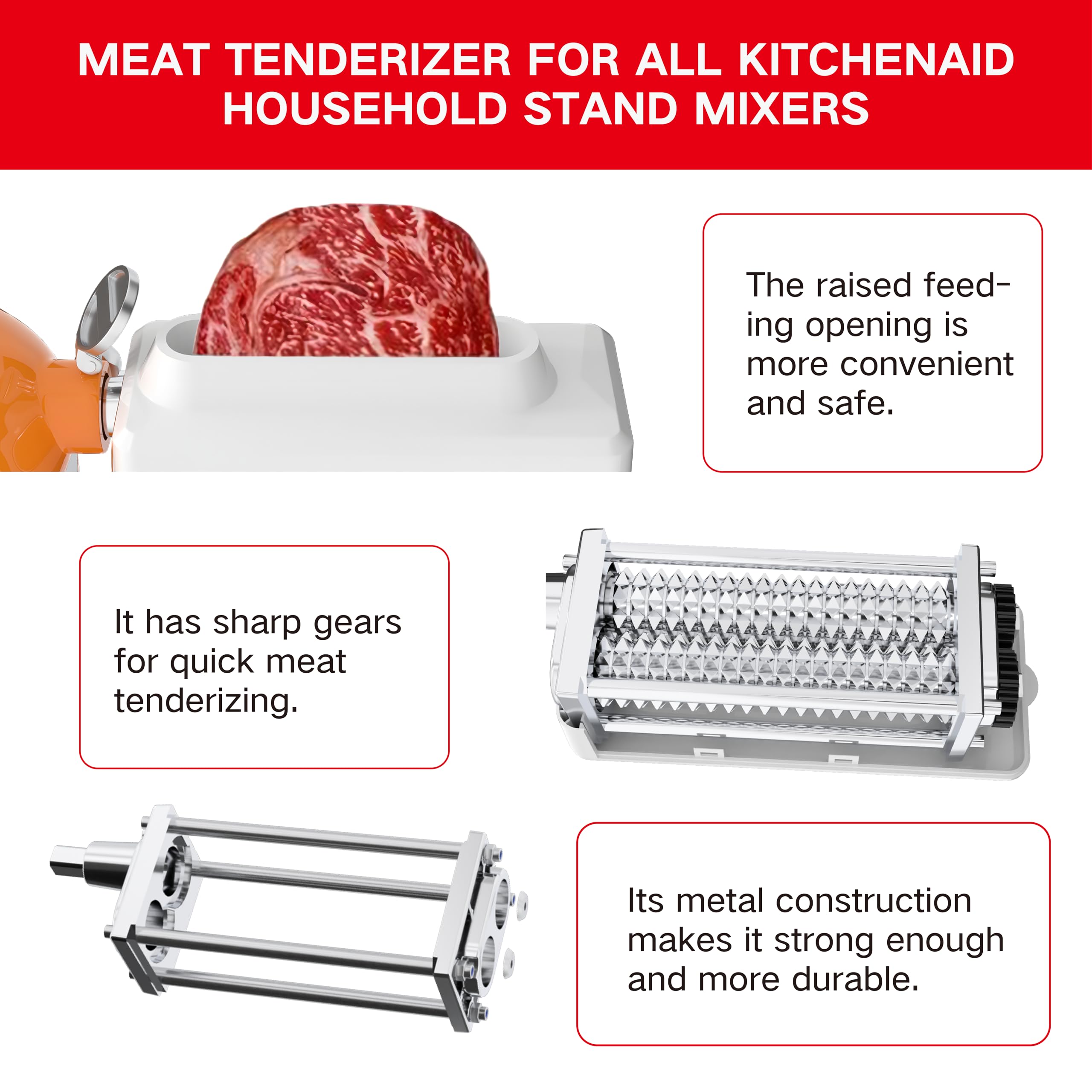 Premium Stainless Steel Meat Tenderizer Attachment - Compatible with KitchenAid & Cuisinart Stand Mixers - Durable Mixer Accessory for Effortless Meat Preparation - Perfect for Home Chefs & Meal Prep Enthusiasts