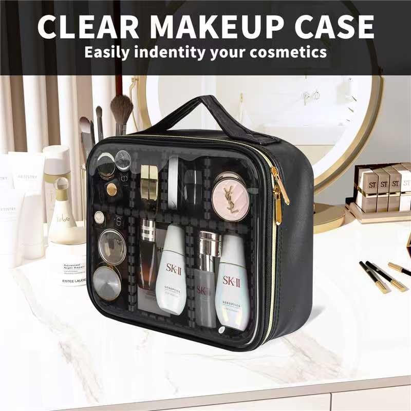 Clear Travel Makeup Bag for Women - Waterproof Cosmetic Organizer with Handle & Detachable Dividers | Portable Toiletry Case | Perfect Gift for Women & Girls | Ideal for Travel, Gym & Daily Use (Black)