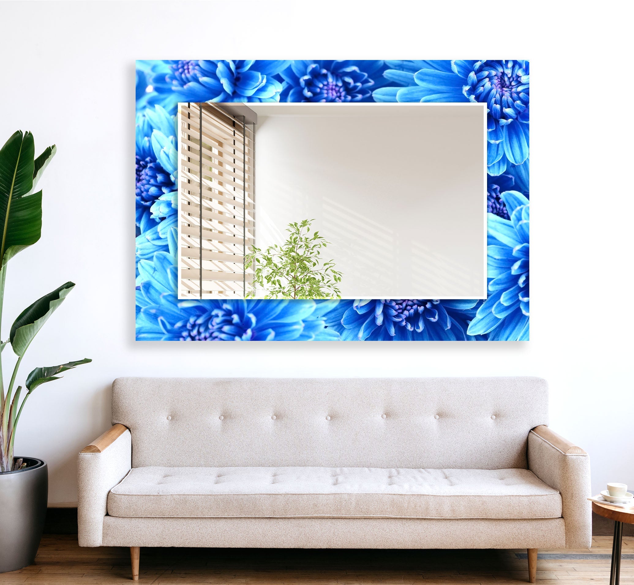 Large Blue Floral Wall Mirror - Elegant Home Decor for Living Room, Bedroom, or Entryway