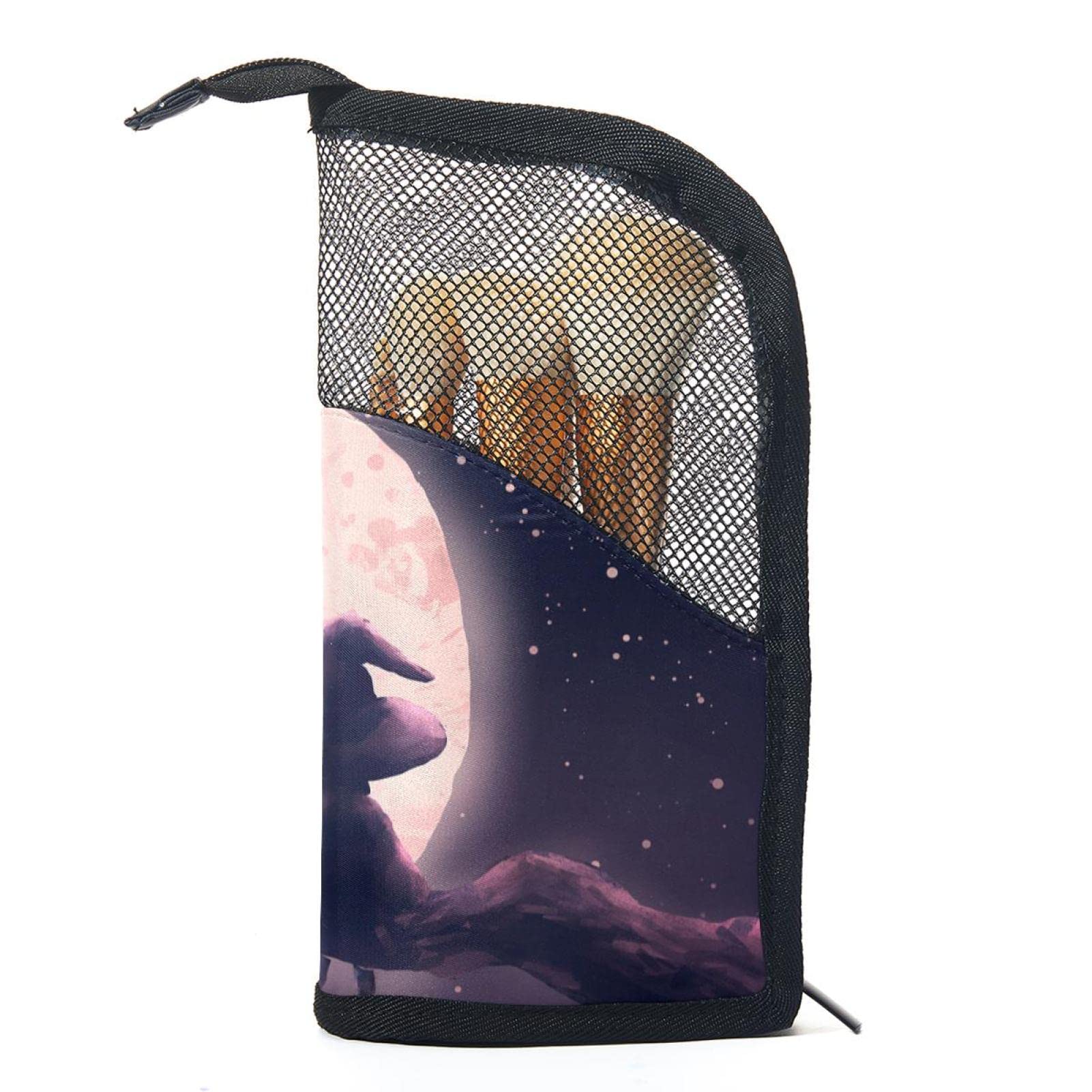 12-Piece Makeup Brush Organizer Bag - Full Moon Night Owl Witch Design, Portable Cosmetic Brush Holder Case for Travel & Home Storage