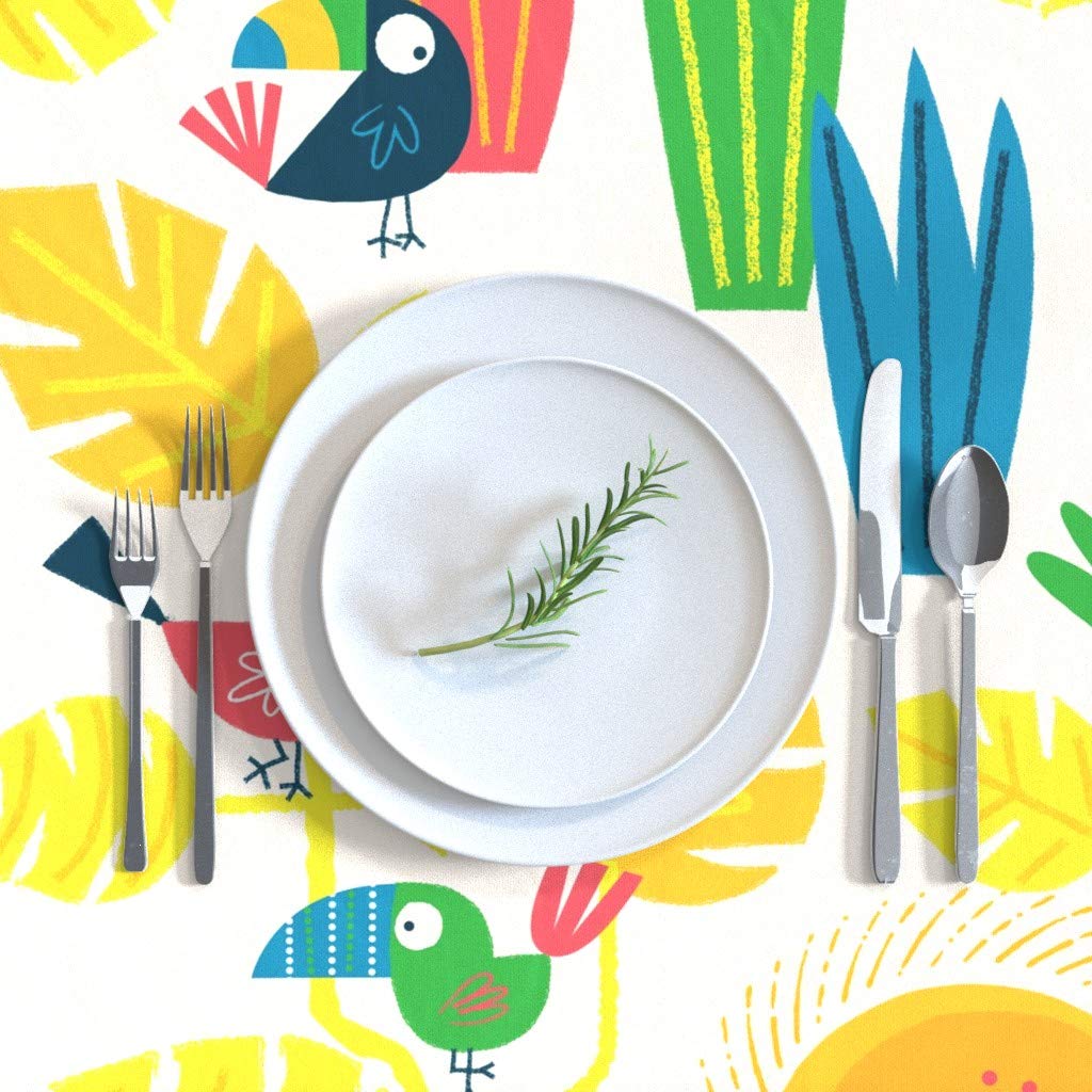 Custom Toucan Tropical Bohemian Print Cotton Sateen Tablecloth 70x108 Inches - Vibrant Bird & Palm Leaf Design for Dining Room Decor, Outdoor Picnics, and Boho-Themed Parties