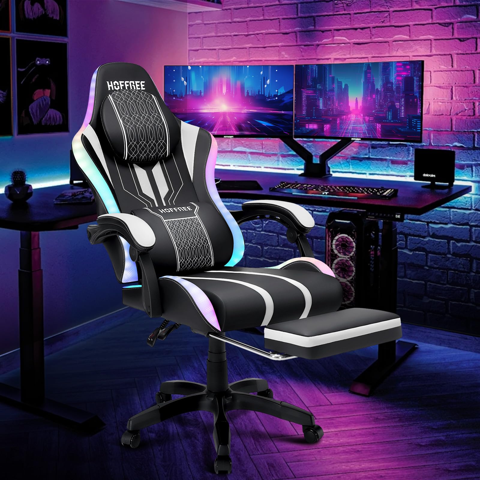 HOFFREE LED Gaming Chair with Massage & Bluetooth Speakers - Big and Tall 400lbs Capacity Reclining Office Chair with Footrest - Ergonomic High Back Computer Desk Chair (White & Black) - Perfect for Gaming, Streaming, and Home Office Work